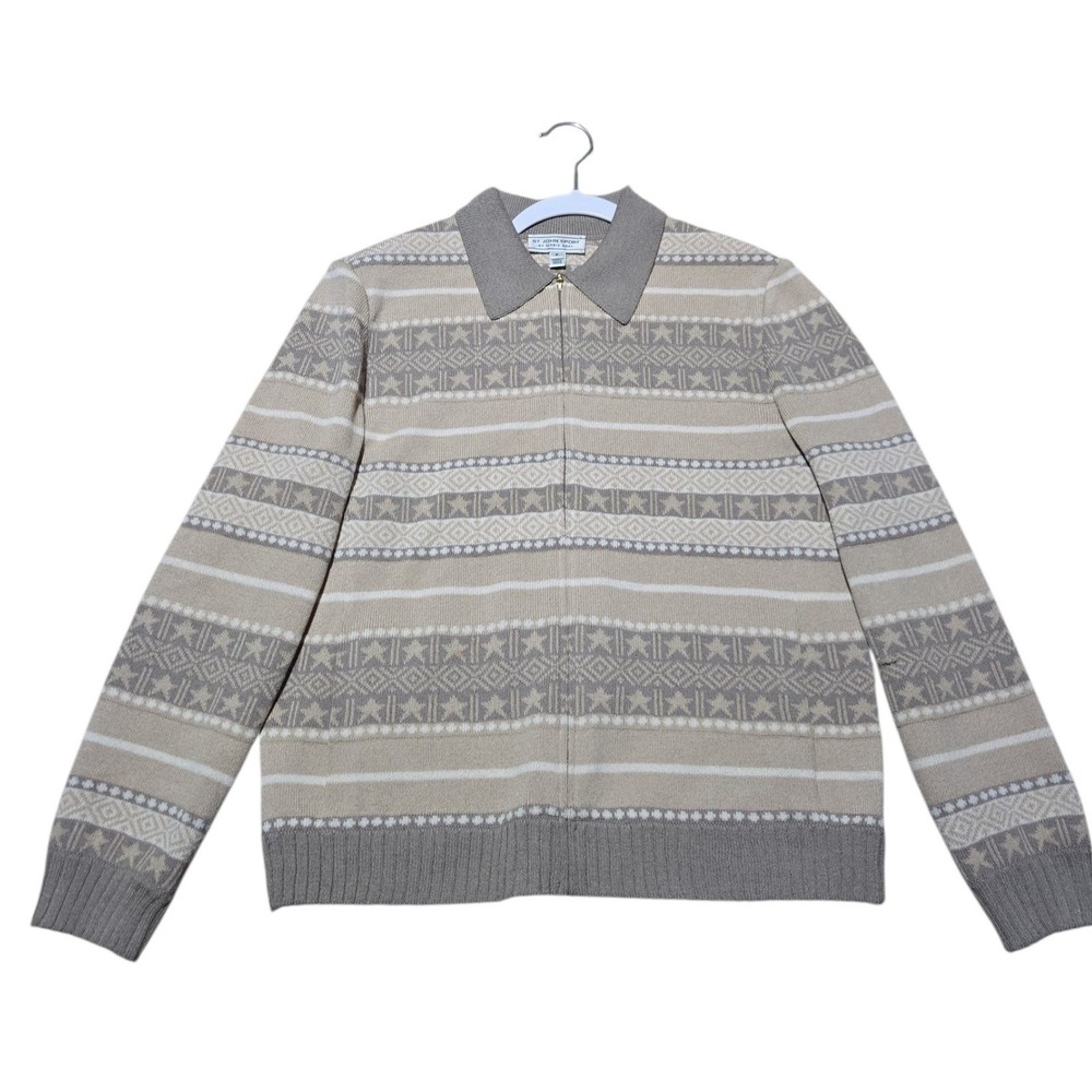 St John Sport Marie Gray Wool Blend Zip Up Sweater Fair Isle Star Beige Tan P